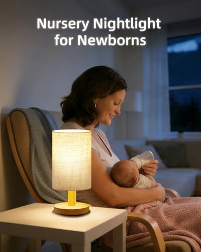 Small Touch Table Lamp for Bedroom, Bedside Lamp for Warm Light LED Desk Lamp, Wood Base Round Flaxen Fabric Shade for Kids Room, Living Room, College Dorm, Home, Office