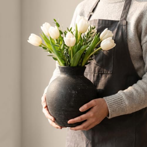 7.48 Inch Vintage Ceramic Flower Vase, Rustic Farmhouse Vase for Home Decor, Distressed Decorative Terracotta Vase for Table Centerpiece Living Room Bathroom Bedroom (Black-7.48'')