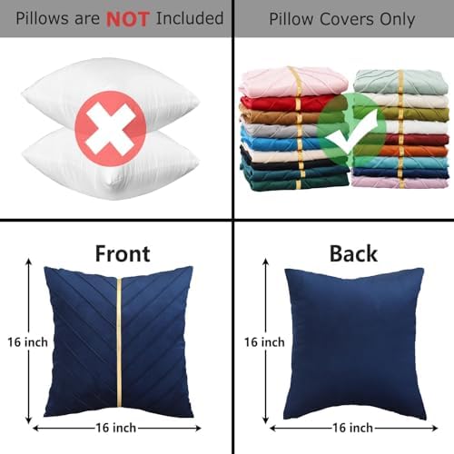 Velvet Throw Pillow Covers 16x16 Pack of 2 Gold Decor Navy Blue
