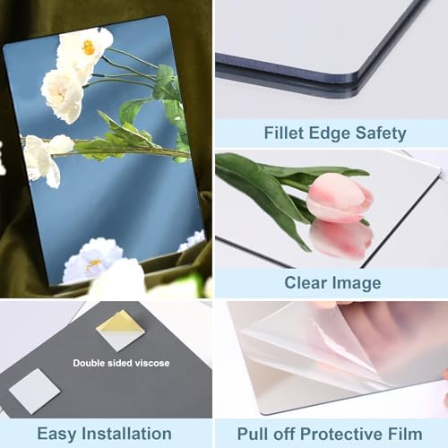 JUNEBRUSHS 4 Pack Self Adhesive Acrylic Mirror, 6X 9 Inch Mirror Tiles | Flexible Plastic Mirrors Sheets Wall Stickers,2MM Thick Mirrors,Frameless Small Mirror