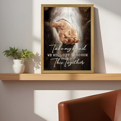 Framed Jesus Wall Art Christian Canvas Wall Decor Painting The Hand of God Posters Prints Pictures Inspirational Art Decorative Oil Paintings for Church Prayer Room Living Room Home 8x10 Inch