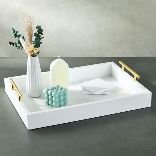 Juvale Ottoman Tray with Coasters & Interchangeable Gold & Silver Handles - 15.7" x 11.8" x 3.1" - White Rustic Wood Rectangular - Coffee Table Tray for Serving & Decorative Accents