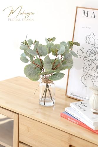 Muhanjia Artificial Eucalyptus Stems in Glass Vase with Faux Water,5Pcs Fake Plant with Double-Sided Leaves and Green Seeds for Centerpiece (Double-Sided Green Eucalyptus with Seed)