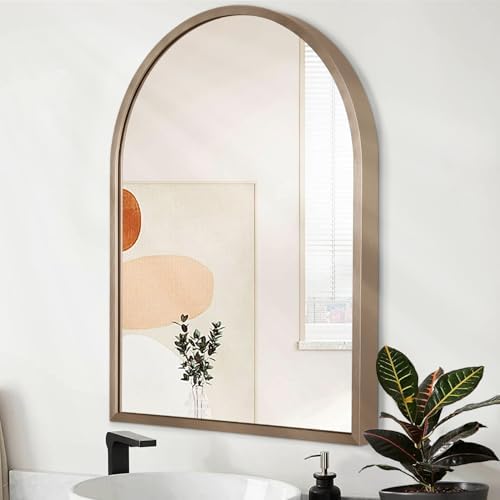 Arched Wall Mirror Aluminum Alloy Frame Bathroom Mirror Brushed Metal Vanity Wall Mounted Mirror for LivingRoom Bedroom Entryway Room Home Decor Brass 16"x12"