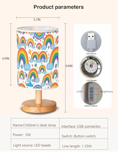 Rainbow Lamp, Girls Lamps for Bedroom, 3 Level Dimmable Wood Nightstand Desk Base Flaxen Fabric Shade for Bedroom Living Room, Rainbow Night Light Gifts for Girls