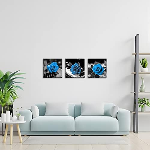 NAN Wind Blue Wall Decor for Living Room Blue Bathroom Accessories Black and White Canvas Wall Art Blue Rose Music Pictures Bedroom Decor Modern Painting Kitchen Home Decorations 20x20 3 Pcs/Set