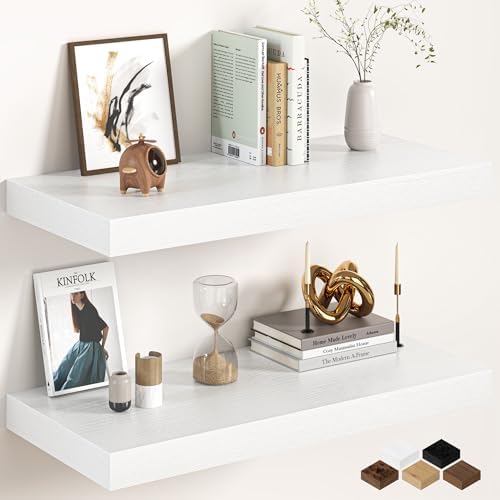 Fun Memories 27.5 Inch Deep Floating Shelves, Set of 2 Heavy Duty Wall Mounted Shelves with Invisible Brackets, Large Rustic Wood Storage Bookshelf for Living Room, Bathroom and Kitchen, White