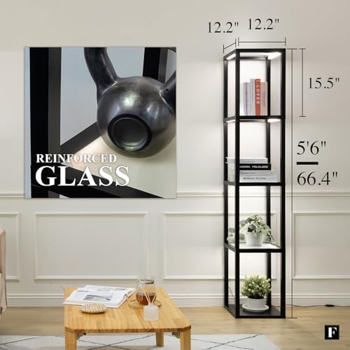 FENLO Fantasy Pro - 66" Glass Dimmable LED Floor Lamp with Shelves for Bedroom, Tempered Glass Display Shelf Lamp for Living Room, Open Display Stand for Business, Long Lasting LED, Unique Home Decor