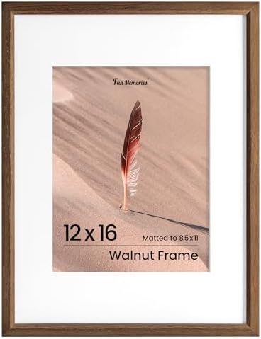 Fun Memories 12x16 Picture Frame, Solid Oak Wood Picture Frames, Modern Photo Frame for Wall 12x16 with 8.5x11 Mat, High Definition Plexiglass & Wall Hook Included (Walnut, 1 Pack)