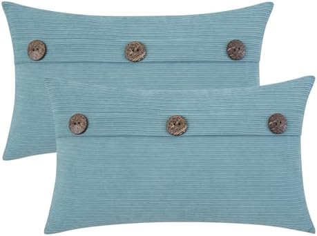 HWY 50 Light Blue Chenille Throw Pillow Covers 12x20 Inch Buttons Pack of 2