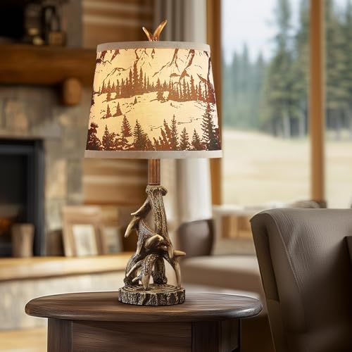23'' Rustic Deer Antler Table Lamps Set of 2 for Log Cabin Bedroom Nightstand Western Country Side Lamp for Living Room End Table Study Room Desk, Brown, Forest Print Shade