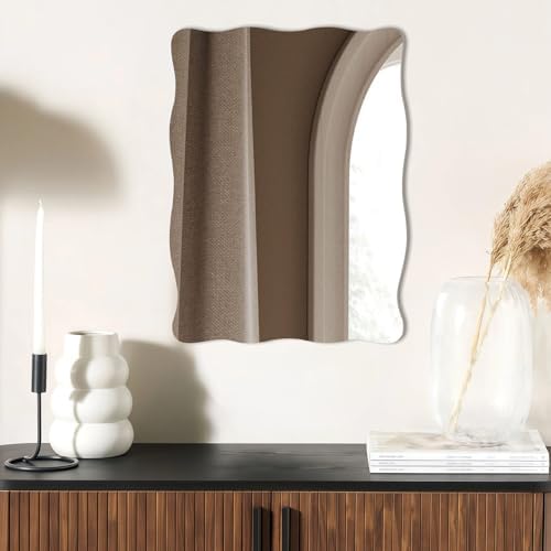 16x20 inch Decorative Scalloped Rectangular Mirror for Wall Decor | High Clear Glass Wavy Mirror with Double-Sided Taps, Frameless Squiggle Mirror for Bathroom, Bedroom, Living Room, Entryway