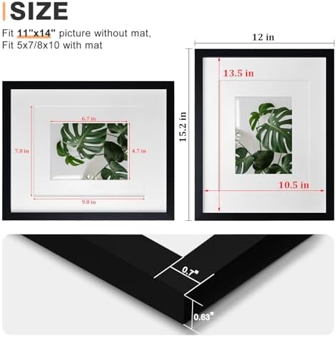 Egofine 11x14 Picture Frames Set of 4, Made of Solid Wood Covered by Plexiglass 5x7 and 8x10 with Mat or 11x14 without Mat, for Table Top Display and Wall Mounting Photo Frame Black