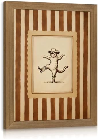 Cyebmo Western Cowboy Cat Wall Art, Funny Dancing Cat in Boots Decor, Vintage Rustic Farmhouse Animal Poster Print, Whimsical Country Western Artwork for Bedroom Living Room Wood Framed 8x10 Inch