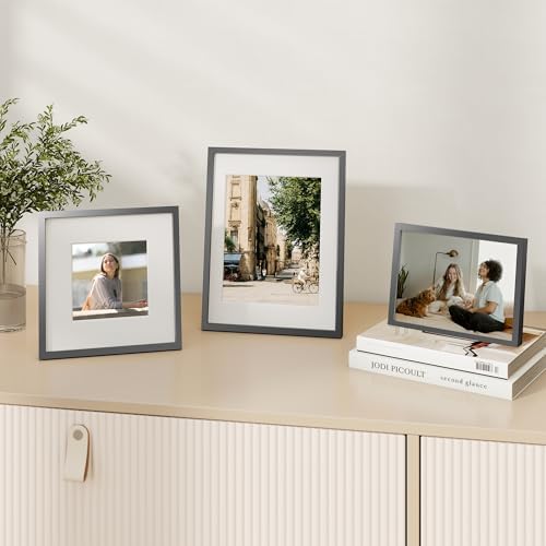 Fun Memories 8x10 Inch Metal Picture Frame - Aluminum Photo Frames - 5x7 Mat - Ideal for Wall or Tabletop Display - Wall Hook Hanging Hardware Included - Grey - Set of 1