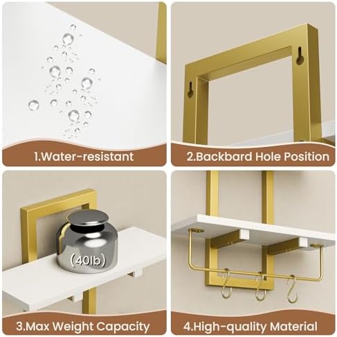 Creso hom Wood Floating Shelf with 6 Hooks, 15" Bathroom Shelves Set of 2