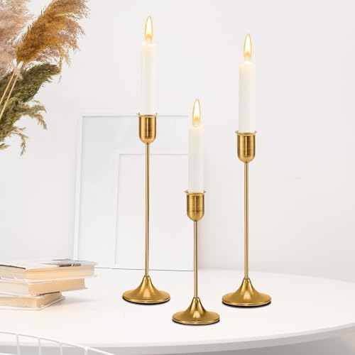 EAST FLAME Brass Gold Candle Holder - 3 PCS Taper Candlestick Holders - Vintage Candle Stick Holders - Modern Home Decor Centerpiece - Cozy Atmosphere Gift for Home Decor, Wedding, Housewarming Gift