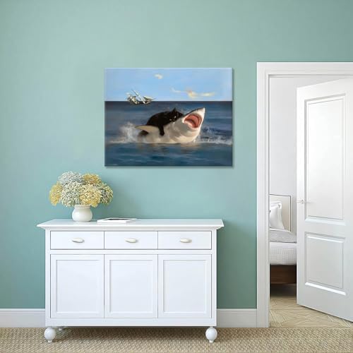Yaneiro Framed Black Cat Bathroom Wall Art, Funny Quirky Cat and Shark Pictures Canvas Print, Abstract Black Cat Shark Posters Wall Decor for Room Bedroom Living Room Bathroom 12x16 in