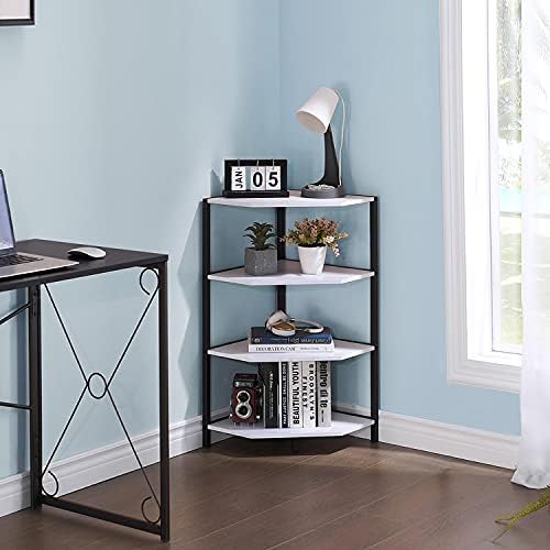 VECELO 31 Inch Corner Shelf, 4-Tier Display Shelves, Wood Storage Stand with Metal Frame, Multipurpose Shelving Unit for Small Space, Home Office, White