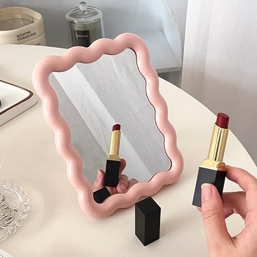 Wave Table Desk Vanity Makeup Mirror Small Make Up Office Mirror Pink | Desk Decor,Cute Mirror,Cute Desk Accessories,Mini Mirror,for Standing Hanging,6.7X5.3Inch,Home Decor