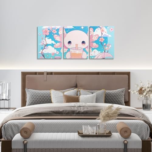 Feelyou Axolotl 3 Piece Canvas Wall Art for Living Room Bedroom Cute Axolotl Cherry Wall Art for Home Decor Eat Dessert Office Wall Decor Milk Tea Wall Painting