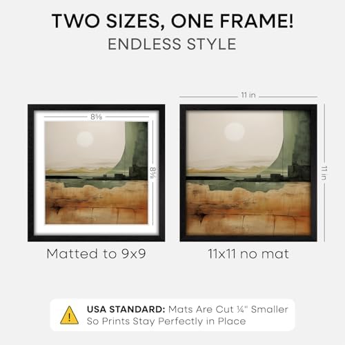 Homeforia 11x11 Black Oak Picture Frame, High-End Wood, 9x9 Mat, Glass