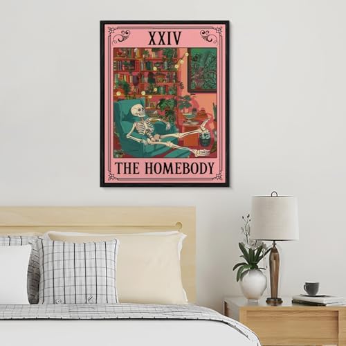 Spooky Framed Wall Art the Homebody Tarot Card Poster Wall Decor | Sarcastic Skeleton Print Painting for Home Office Living Room Bedroom Decoration 11.5x15 Inches