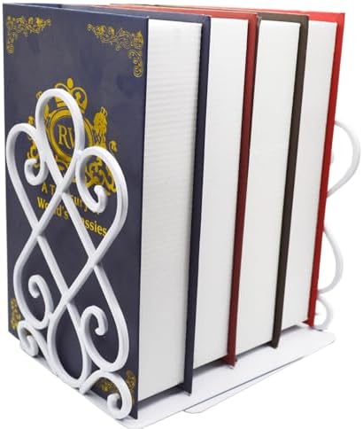 White Metal Bookends, Heavy Duty Book Stoppers for Shelves, Vintage Decorative Book Holders for Home Office Desk, Non-Slip Book Ends for Library Classroom, Set of 2 with Pads