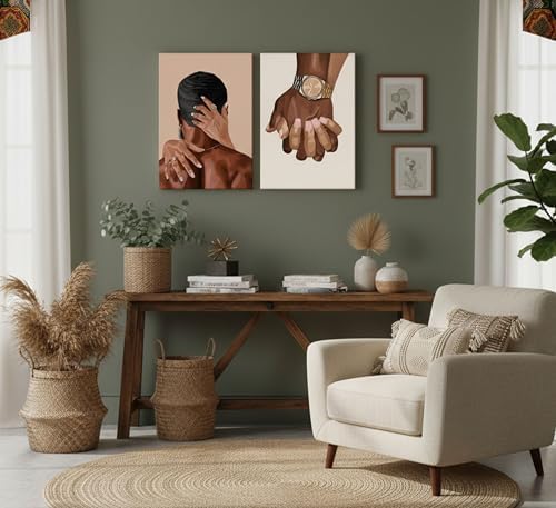 UHVBBCO 2 Pcs Afro Black Couple Canvas Wall Art | African American Women Men Black Love Pictures Wall Decor Black Girl Poster Print Artwork for Bedroom Living Room Bathroom
