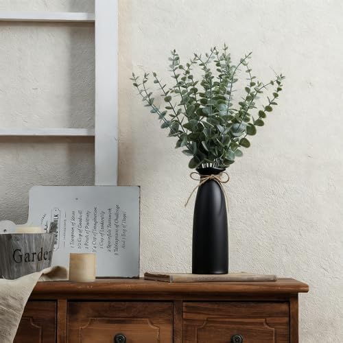 Vase with Greenery, 20pcs Artificial Eucalyptus Stems in Black Vase, Fake Plant Home Decor, 19" Decorative Faux Plants for Home Farmhouse Mantle Centerpiece Decor