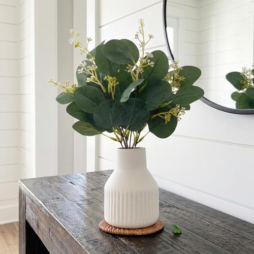 Artificial Eucalyptus Greenery Stems in Ceramic Vase,10Pcs Fake Plants Eucalyptus Leaves faux Plants for Centerpiece Table Decorations Home Room Decor office desk decor Greenery Decor indoor (White)