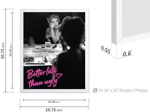Poster Master Better Late Than Ugly Print - Marilyn Poster - Modern & Pop Art - Trendy Gift for Men, Women & Fashionista - Chic Decor for Bathroom or Girl's Room - 16x20 White Framed