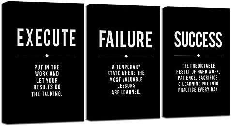 Framed Canvas Wall Art Success Quote For Office, Black Large Positive Motivational Poster, Set of 3, Execute Failure Definition, Inspirational Print (A-3pcs,12x16inchx3pcs)