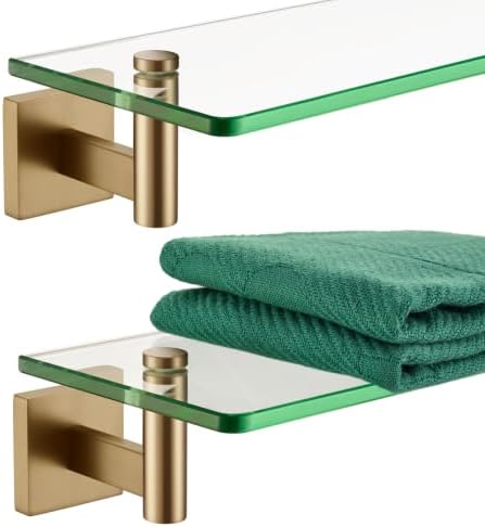 KOKOSIRI Wall Shelves Bathroom Hardware Glass Floating Shelf Small Hanging Rack Storage/Room Decor 12-Inch Champagne Bronze 2 Pack B1105CPG-L12-P2