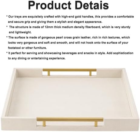 Beige Faux Leather Serving Tray with Handles – Large Decorative Tray for Coffee Table, Ottoman, Living Room, Bathroom – Home Decor