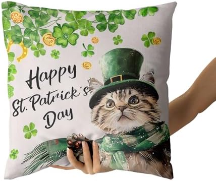 Giwawa Patrick Cat Throw Pillow Covers Set of 2, 20x20in Happy St Patrick's Day Kitten Decorative Square Pillow Cases, Clover Shamrock Soft Cotton Cushion Covers for Sofa Couch Bedding Decor