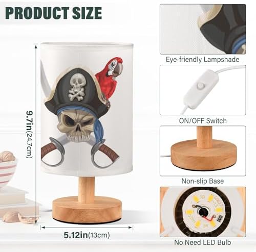 Table Lamp Pirate Skull with Sword Red Parrot Nightstand Lamp with Wood Base Fabric Lamp Shade Bedside Desk Lamp for Living Room Bedroom Kids Room Office