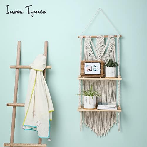 Macrame Wall Hanging Shelf - Boho Shelves Bedroom Decor | Macrame Wall Decor for Kitchen, Plant Hanger Shelves, Woven Rope Floating Shelves & Home Storage Organizer - 2 Tier