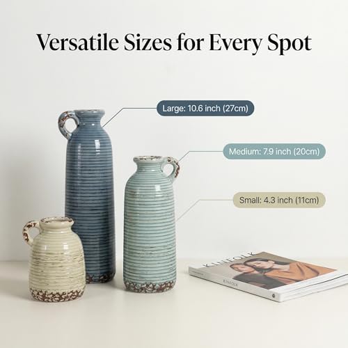 Ceramic Vase Set of 3 with Handles, Blue Neutral Rustic Modern Farmhouse Boho Decor, Versatile as Table Centerpiece or Mantel & Shelf Accent - Unique Home Gift Idea