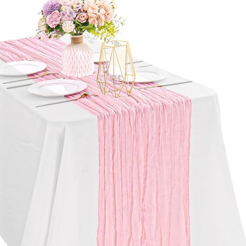 Pink 10FT Cheesecloth Table Runner Boho Gauze Fabric Table Runner Rustic Sheer Runner for Wedding Bridal Baby Shower Birthday Party Boho Table Decor（1 Pack Pink）