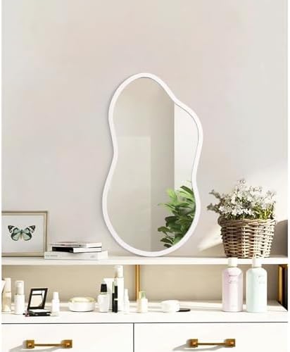 AAZZKANG Small Wall Mirror with Irregular Wood Framed Decorative White Hanging Mirrors for Bedroom Dressing Room Living Room Bathroom Entryway