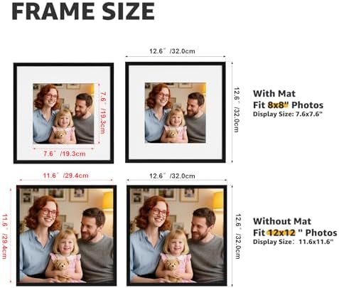 Giftgarden 12x12 Picture Frame Black Set of 16, Matted to 8x8 Photo with Mat, Lightweight Square Gallery Frames for Wall Hanging Display