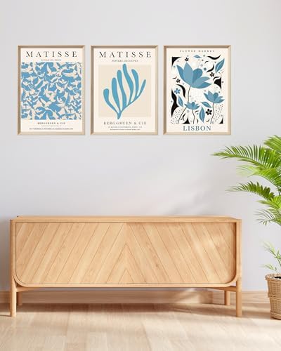KensTro 12x16 Blue Matisse Wall Art in Wood Frames, Set of 3 | Set of 3 Blue Matisse-Inspired Prints with Natural Wood Frames, Vintage Botanical Decor for Living Room and Bedroom