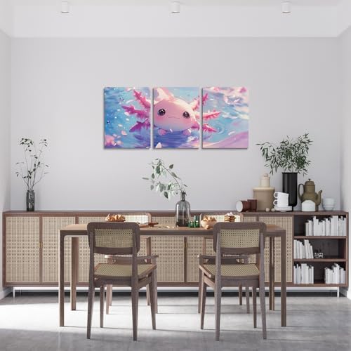 Feelyou Kids Cute Axolotl Canvas Wall Art Living Room Bedroom Cartoon Salamander Picture Wall Decor Girls Princess Wall Painting Posters and Prints Pink Ocean Sealife Bathroom Wall Art 12"x16" 3Pcs