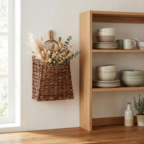 PINXIURY Water Hyacinth Hand Woven Basket, Wicker Hanging Wall Basket, Handmade Decor Storage Organizer for Entryway, Bathroom, Living Room, Farmhouse, Front Door, 8.7 x 4.7 x 11.4 inch, Coffee 2pack