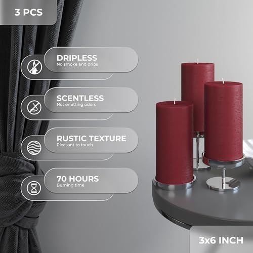 CANDWAX Large Pillar Candles 3x6 Inch – Set of 3 Unscented Dripless Burgundy Candles, Long Burning Rustic Finish for Weddings, Home Decor