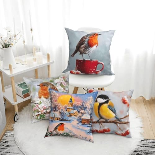 Winter Bird Throw Pillow Covers Set of 4 Decorative Soft Double Sided Print Pillow Case Farmhouse Home Decor for Living Room Sofa Couch 18x18
