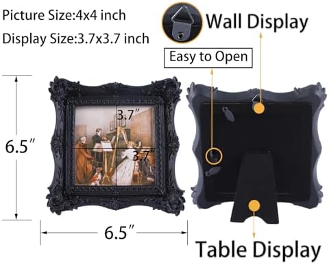 SIKOO Vintage Picture Frames 4x4 Black Antique Ornate Picture Frame Tabletop and Wall Mount Display Vintage Gothic Wall Decor Gallery Retro Home Decor