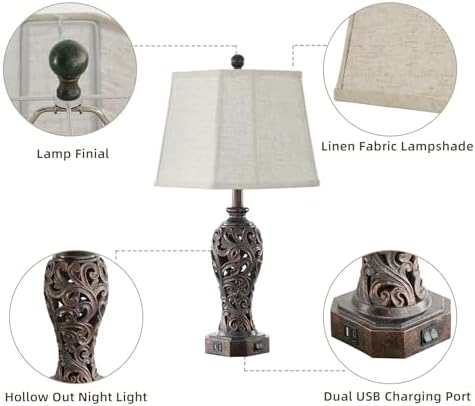 Set of 2 Farmhouse Table Lamps for Living Room with USB C+A Ports