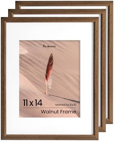 Fun Memories 11x14 Oak Picture Frame for Wall, 11x14 Frame with Matted to 8x10, Solid Wood Poster Frames for Wall Art Photo and Prints (Walnut, 3 Pack)